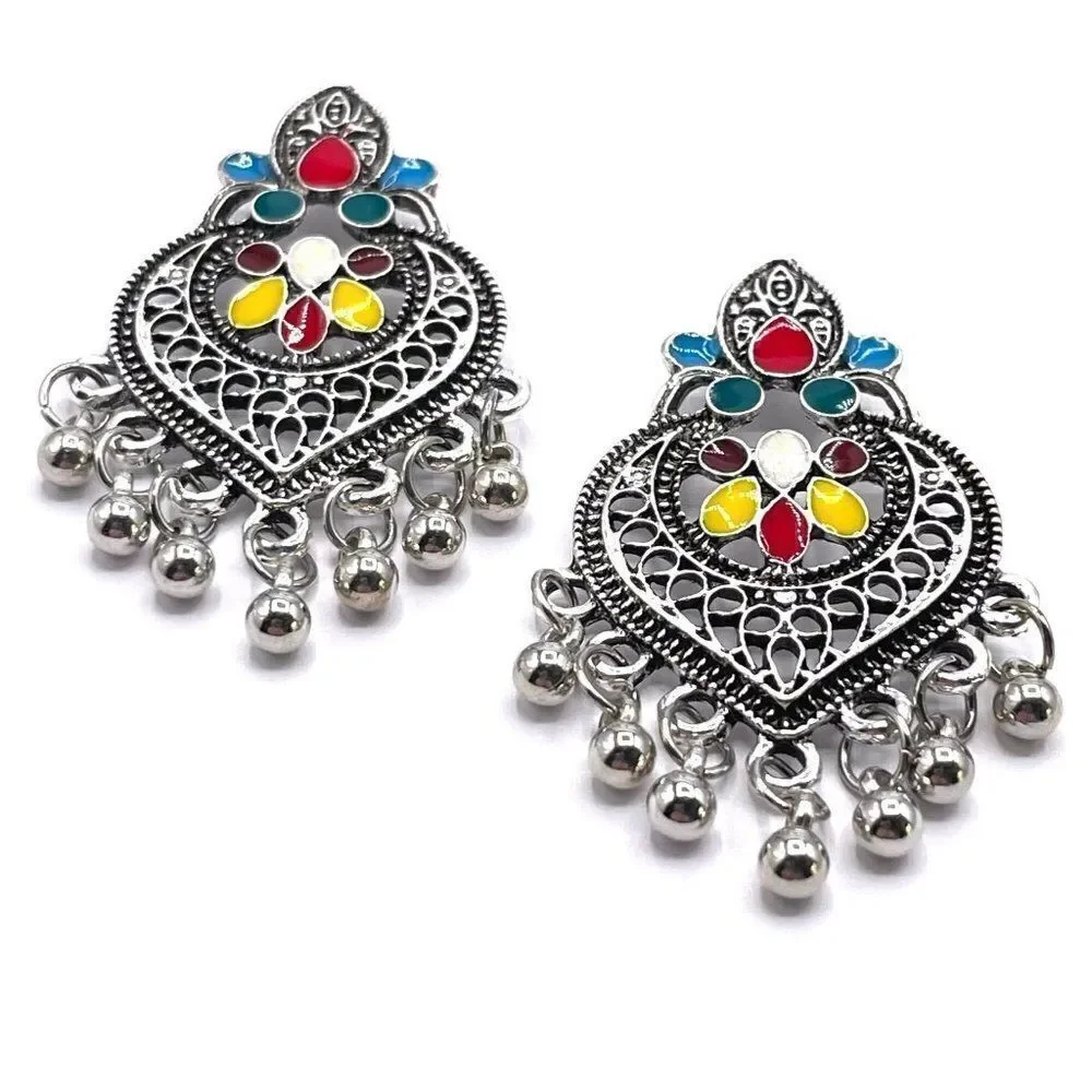 Silver with Multicolored Oil Drip Boho Dangling Drop Post Back Earrings